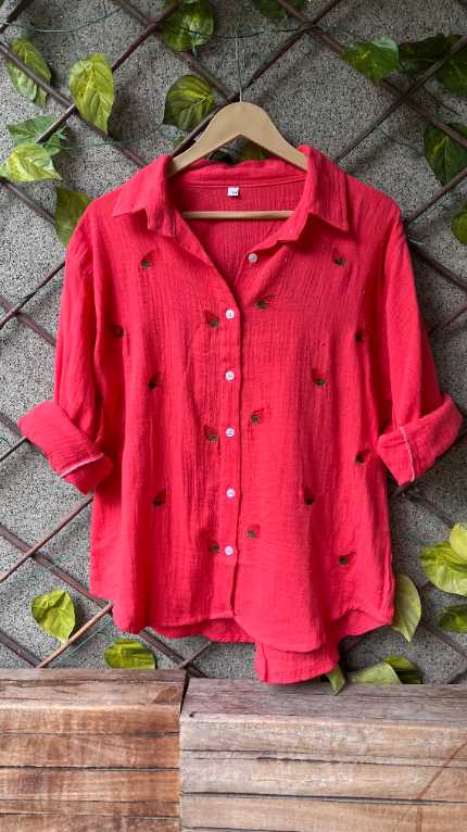 Strawberry Embroidered Mulmul Cotton Shirt