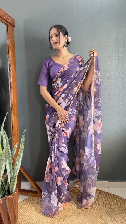 Georgette Digital Printed Saree with Moti Lace Border