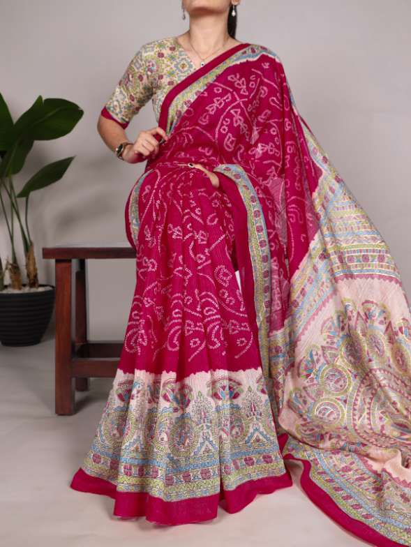 Silk Saree Collection with Madhubani and Bandhej Fusion Print